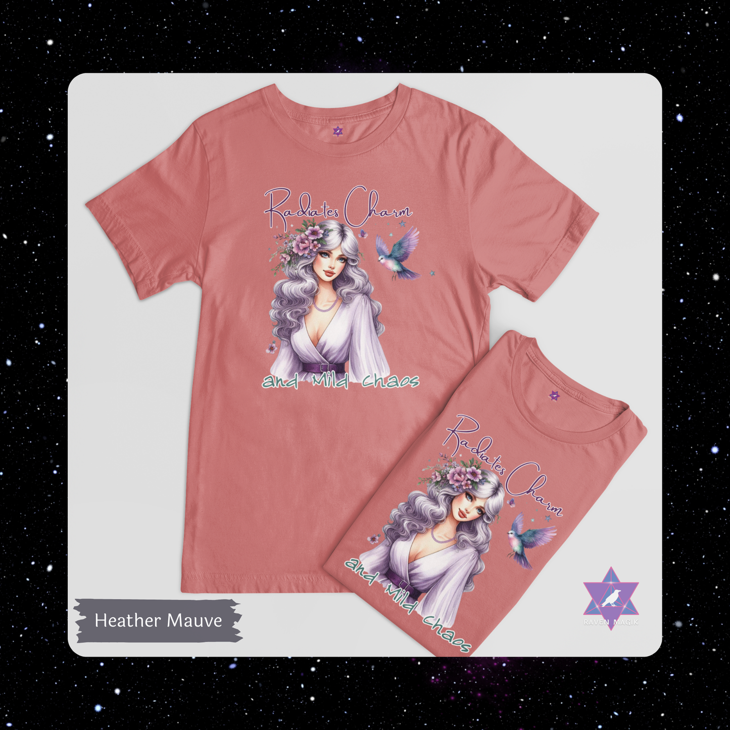 Heather mauve t-shirt with a graphic design of a woman with gray hair and butterflies on a white background. Libra Archetype T-shirt with “Radiates Charm and Mild Chaos” slogan, styled for magnetic, indecisive energy and aesthetic flair.