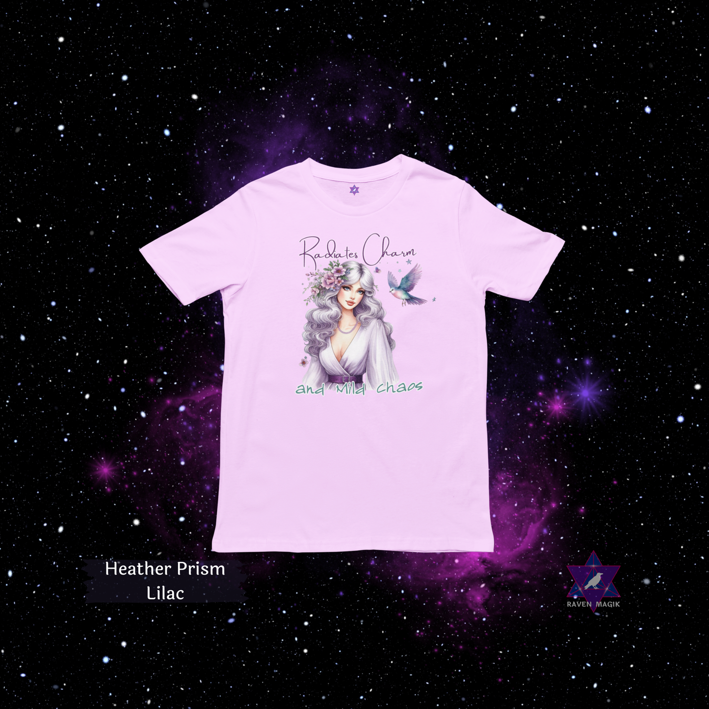 Heather Prism Lilac t-shirt with a graphic design on a starry space background. Libra Archetype T-shirt with “Radiates Charm and Mild Chaos” slogan, styled for magnetic, indecisive energy and aesthetic flair.