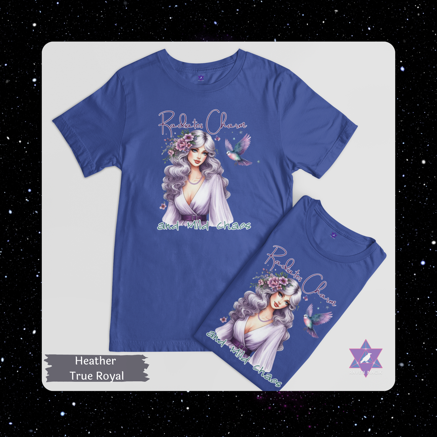 Heather True Royal t-shirt with an illustrated design and text on a white background. Libra Archetype T-shirt with “Radiates Charm and Mild Chaos” slogan, styled for magnetic, indecisive energy and aesthetic flair.