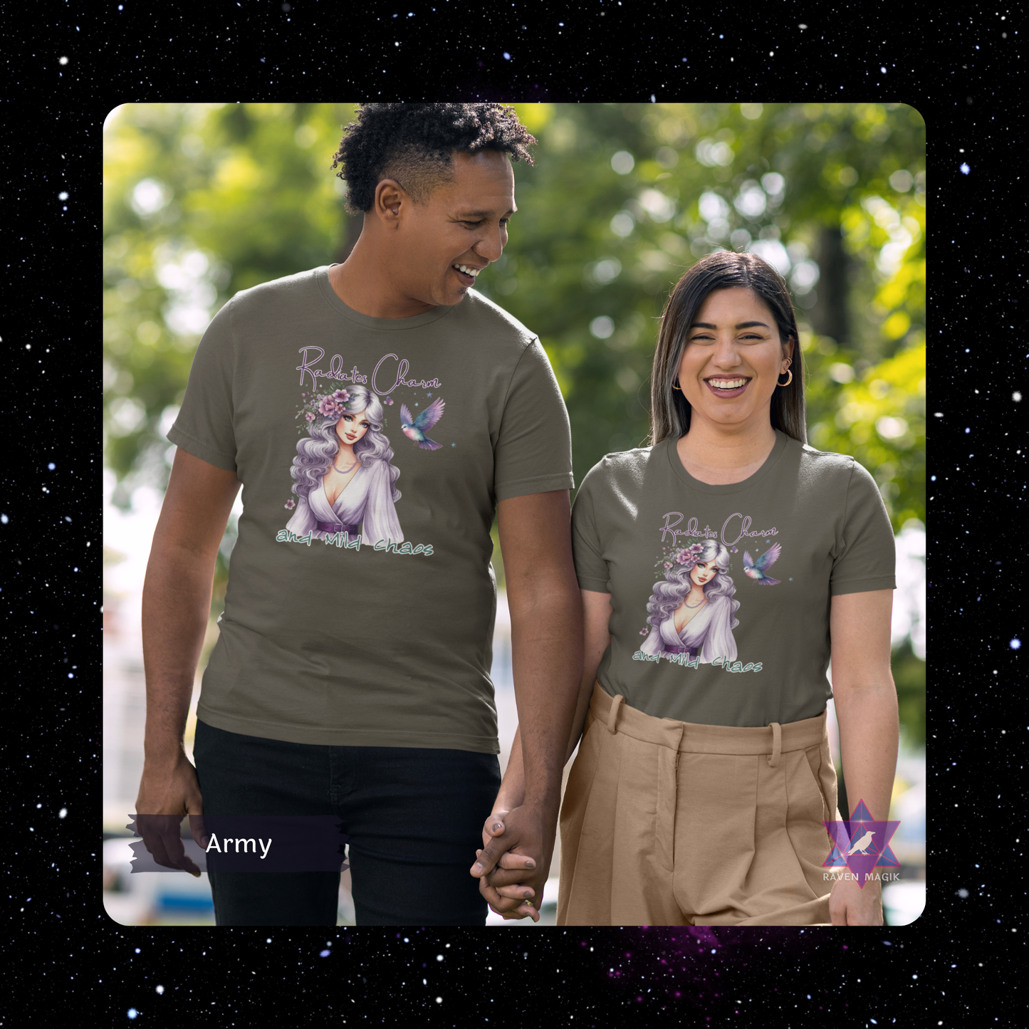 Two people wearing army color t-shirts with a graphic design of a woman with purple hair and text. Libra Archetype T-shirt with “Radiates Charm and Mild Chaos” slogan, styled for magnetic, indecisive energy and aesthetic flair.
