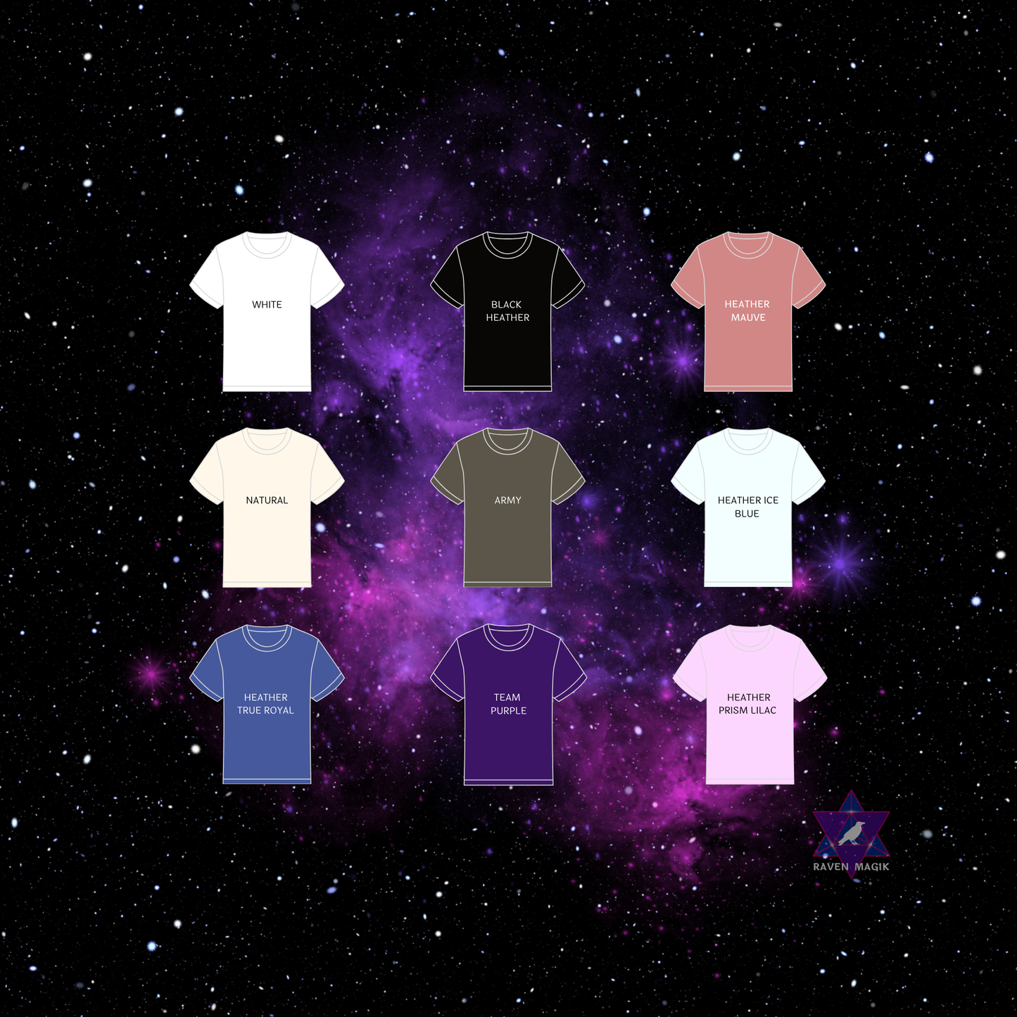 Collection of t-shirts in various colors on a starry space background