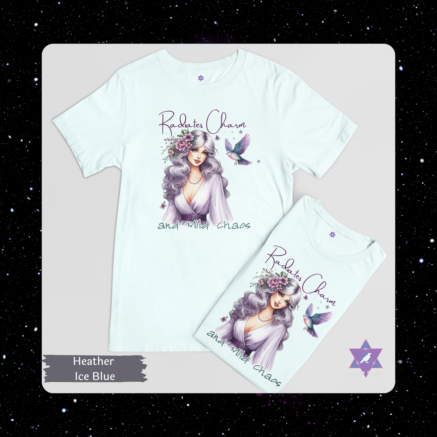 T-shirt and pouch set with a design of a woman with purple hair. Libra Zodiac T-shirt with “Radiates Charm and Mild Chaos” slogan, styled for magnetic, balanced energy.