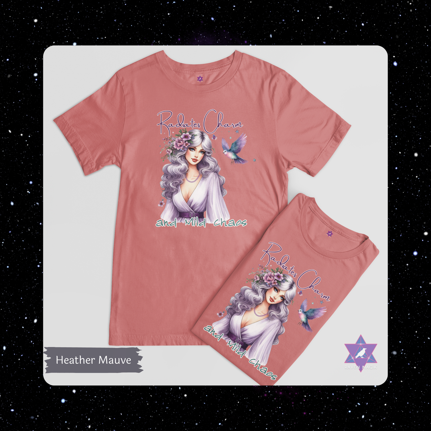 Heather Mauve t-shirt with graphic design and text on a white background. Libra Zodiac T-shirt with “Radiates Charm and Mild Chaos” slogan, styled for magnetic, balanced energy.