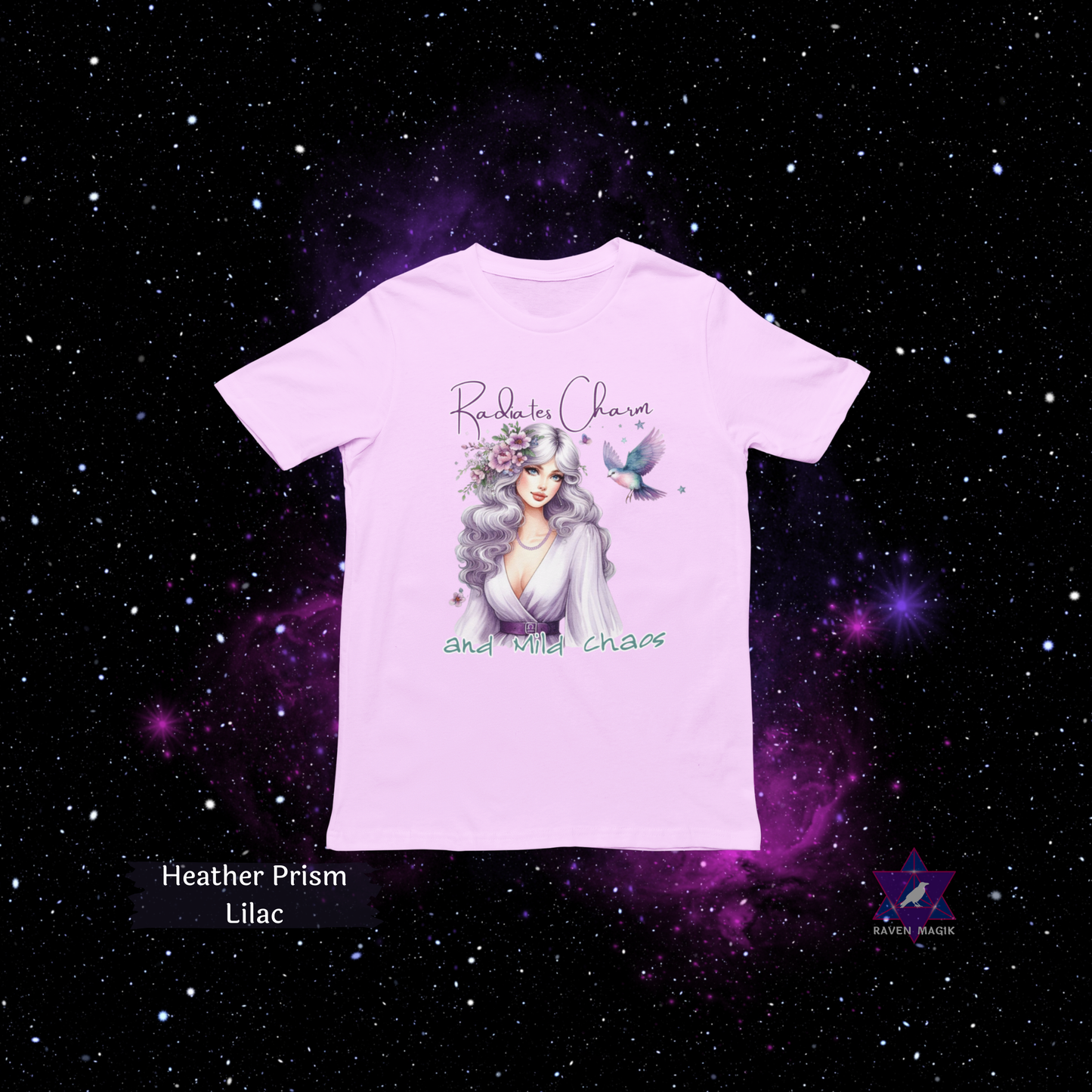 Heather Prism Lilac t-shirt with a graphic design on a starry space background. Libra Zodiac T-shirt with “Radiates Charm and Mild Chaos” slogan, styled for magnetic, balanced energy.