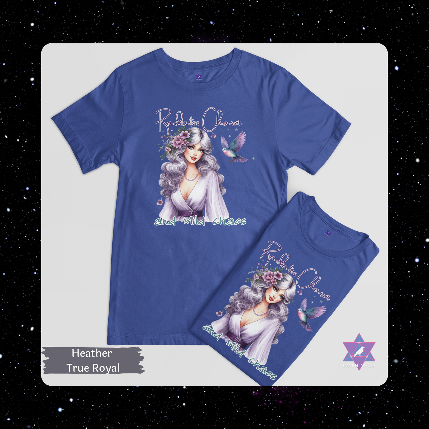 Blue t-shirt with an illustrated design of a woman with gray purple hair and text on a white background. Libra Zodiac T-shirt with “Radiates Charm and Mild Chaos” slogan, styled for magnetic, balanced energy.