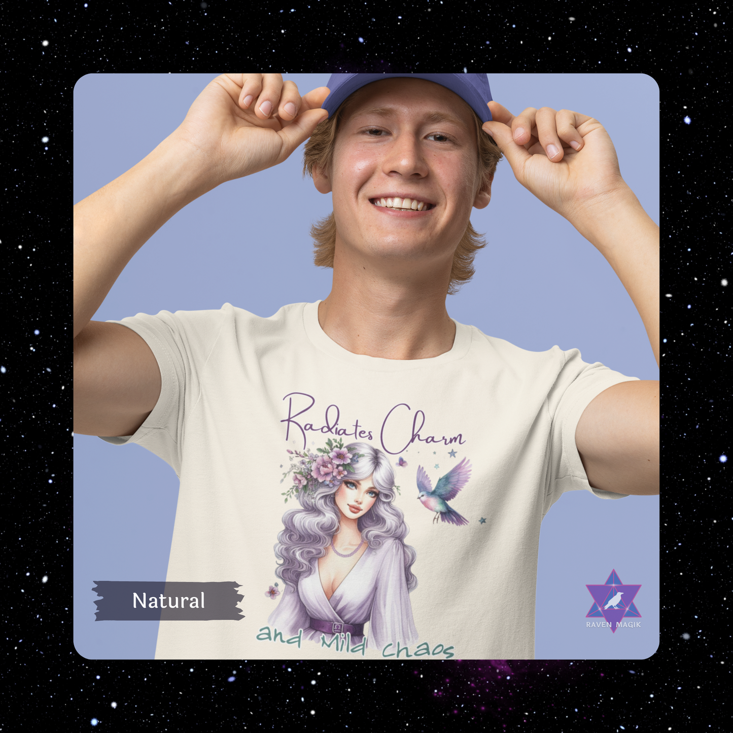 Person wearing a t-shirt with a graphic design and text, against a starry space background. Libra Zodiac T-shirt with “Radiates Charm and Mild Chaos” slogan, styled for magnetic, balanced energy.
