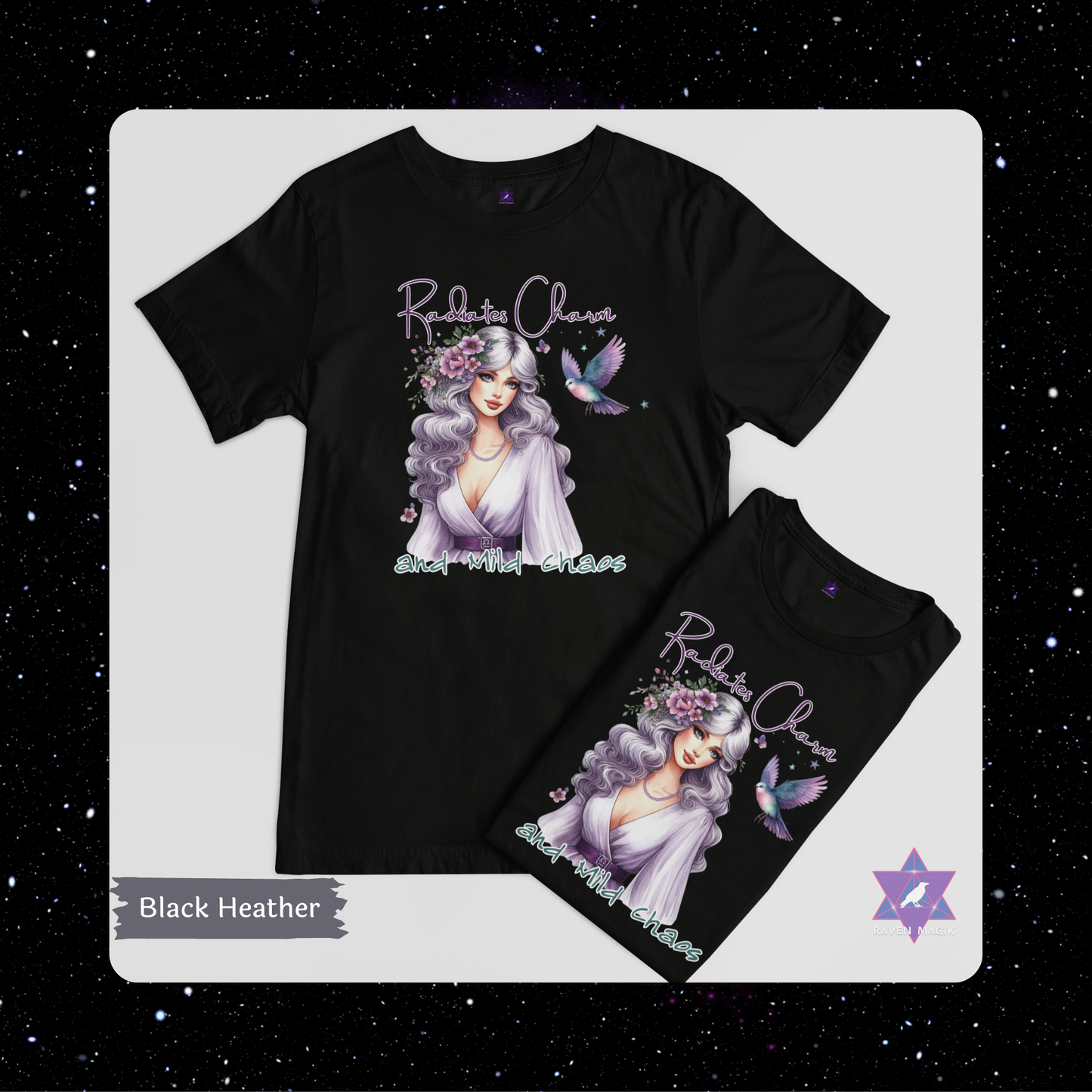Black t-shirt with a graphic design of a woman with purple hair and text on a white background. Libra Zodiac T-shirt with “Radiates Charm and Mild Chaos” slogan, styled for magnetic, balanced energy.