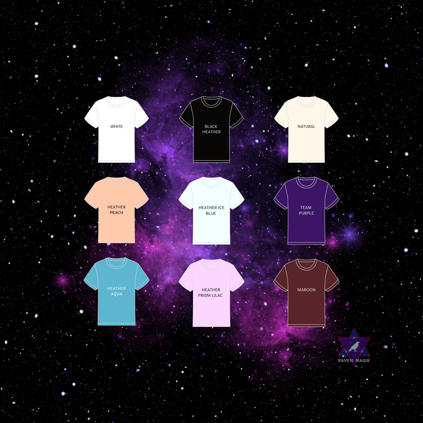 Collection of t-shirts in various colors with labels on a starry space background.