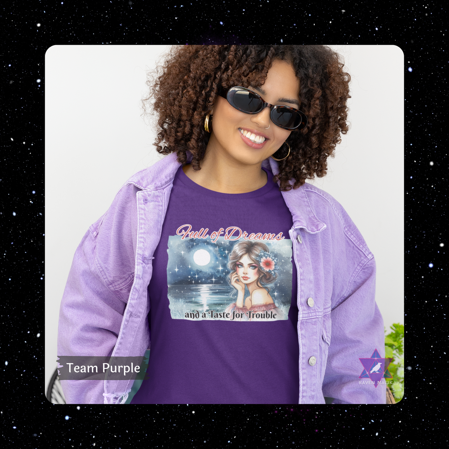 Woman wearing a purple t-shirt with a graphic design and text, standing against a white background. Pisces Archetype T-shirt with “Full of Dreams and a Taste for Trouble” slogan, styled for intuitive, whimsical energy and poetic rebellion.
