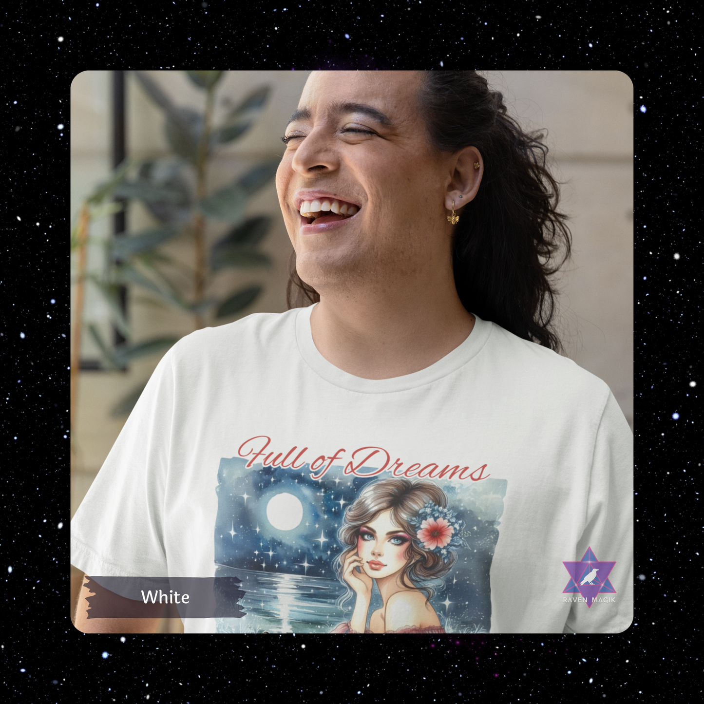 Person wearing a white t-shirt with a graphic design and text, set against a starry night sky. Pisces Archetype T-shirt with “Full of Dreams and a Taste for Trouble” slogan, styled for intuitive, whimsical energy and poetic rebellion.