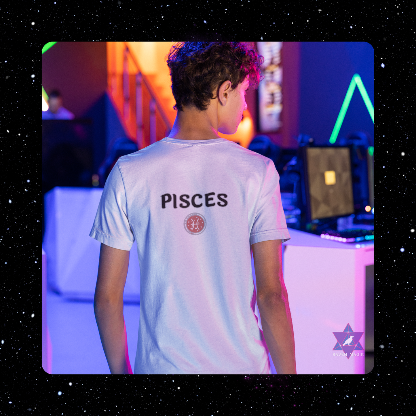 Person wearing a t-shirt with 'PISCES' on the back in a colorful, possibly gaming or club setting.