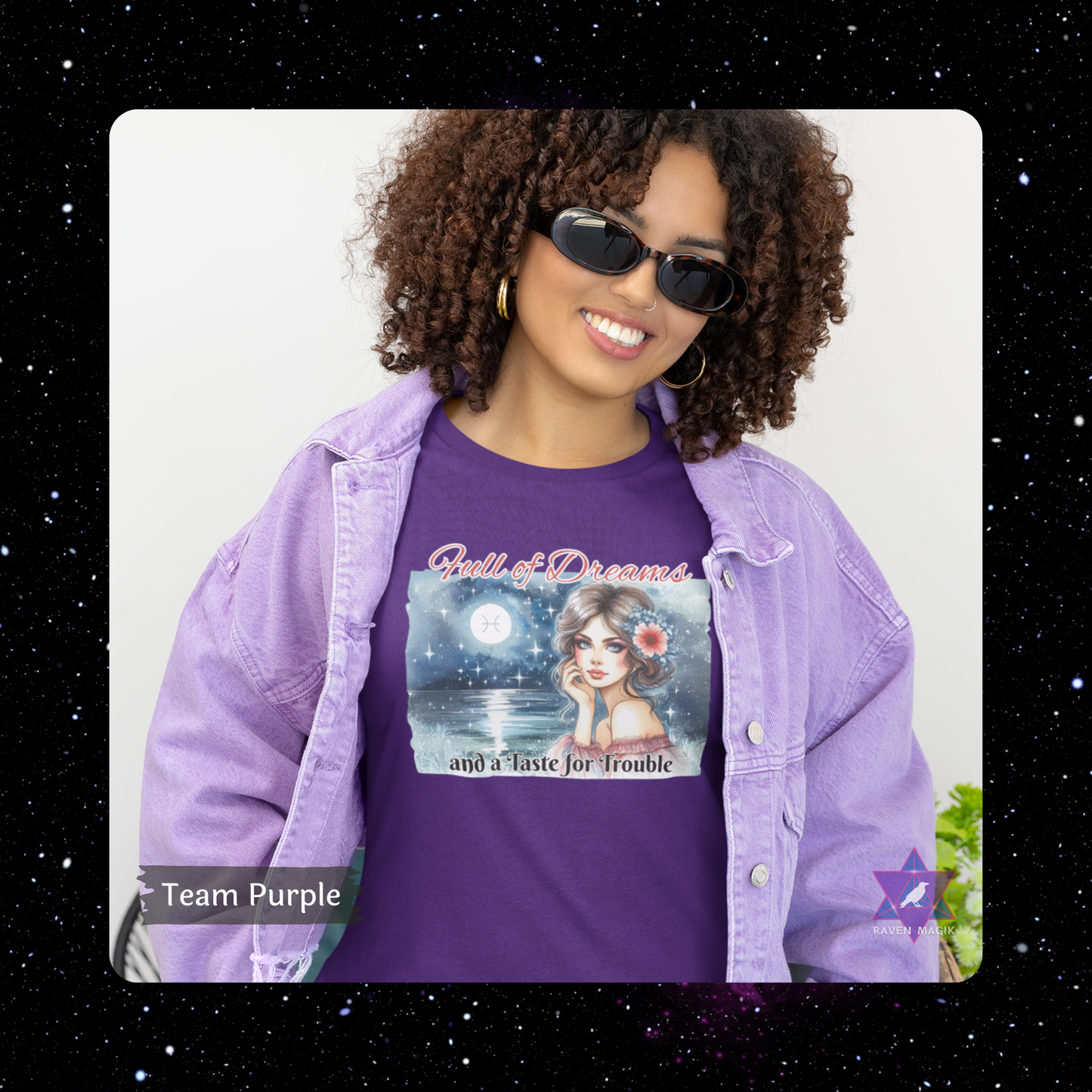 Person wearing a purple t-shirt with a graphic design and text, standing against a white background. Pisces Zodiac T-shirt with “Full of Dreams and a Taste for Trouble” slogan, styled for whimsical, empathic energy.