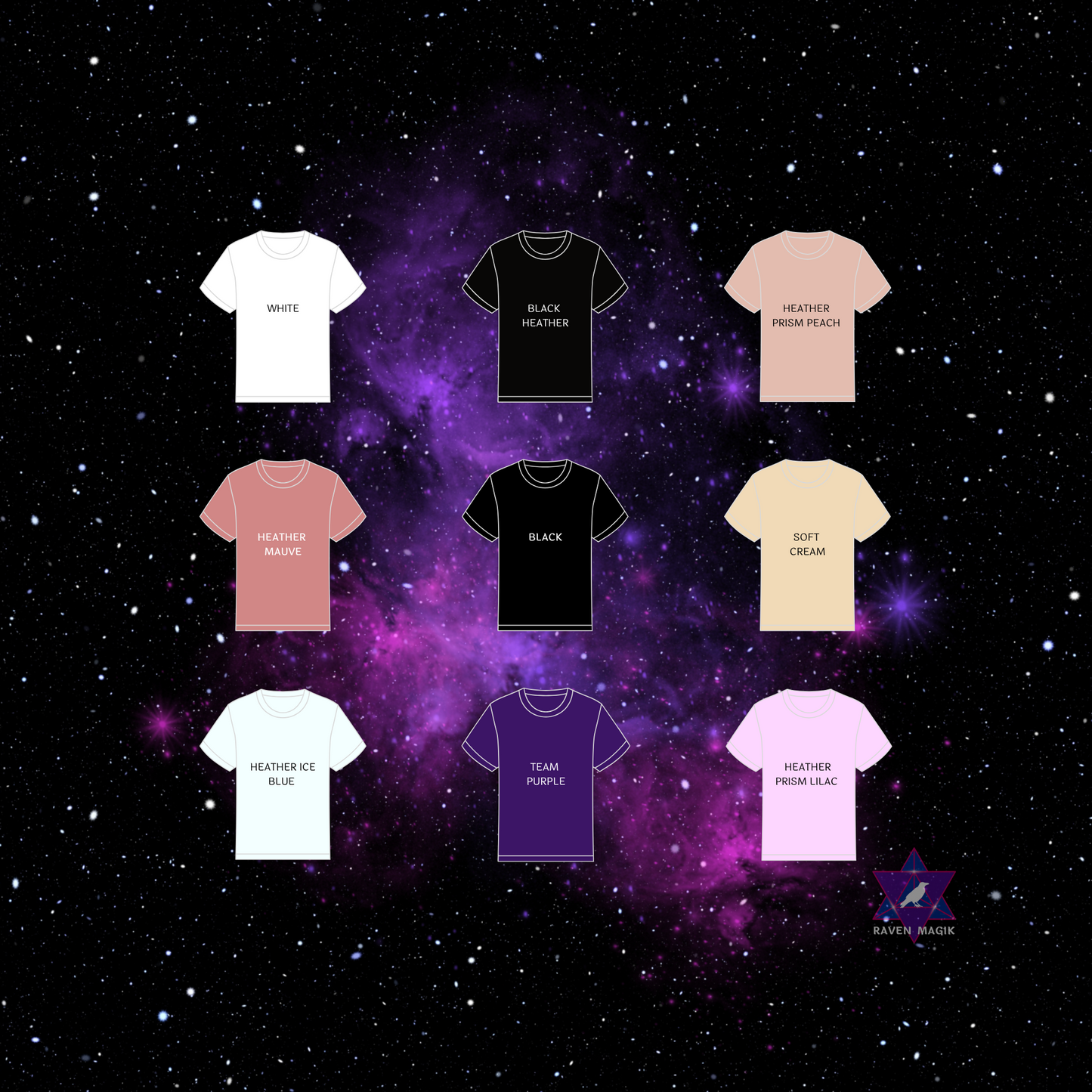 Collection of t-shirts in various colors on a starry space background