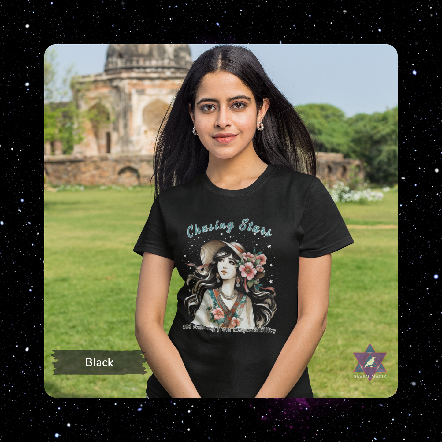 Woman wearing a black t-shirt with a graphic design in front of a historical building. Sagittarius Archetype T-shirt with “Chasing Stars and Running from Responsibility” slogan, styled for adventurous, freedom-loving energy and cosmic wanderlust.