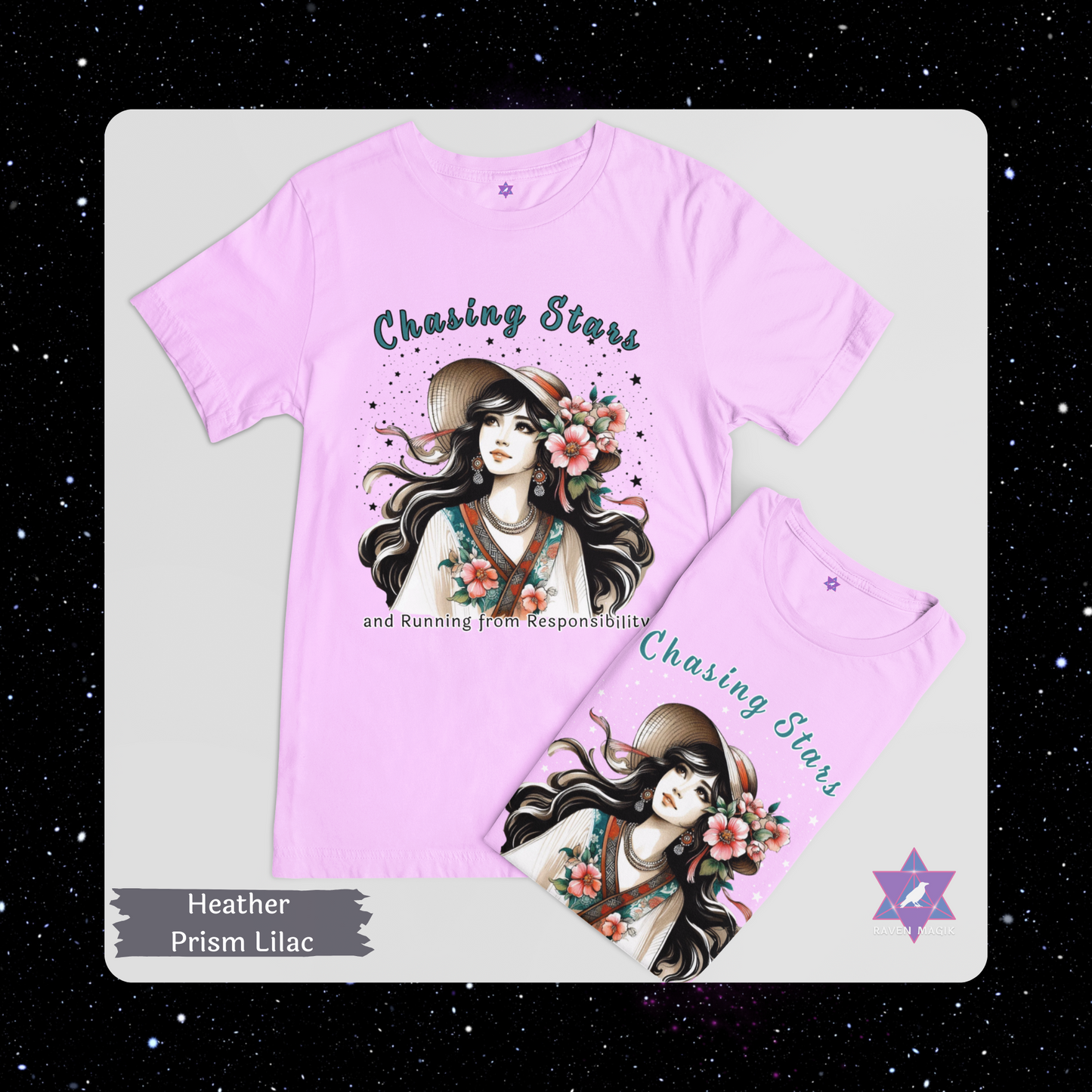 Heather Prism Lilac t-shirt with graphic design and text on a starry background. Sagittarius Archetype T-shirt with “Chasing Stars and Running from Responsibility” slogan, styled for adventurous, freedom-loving energy and cosmic wanderlust.