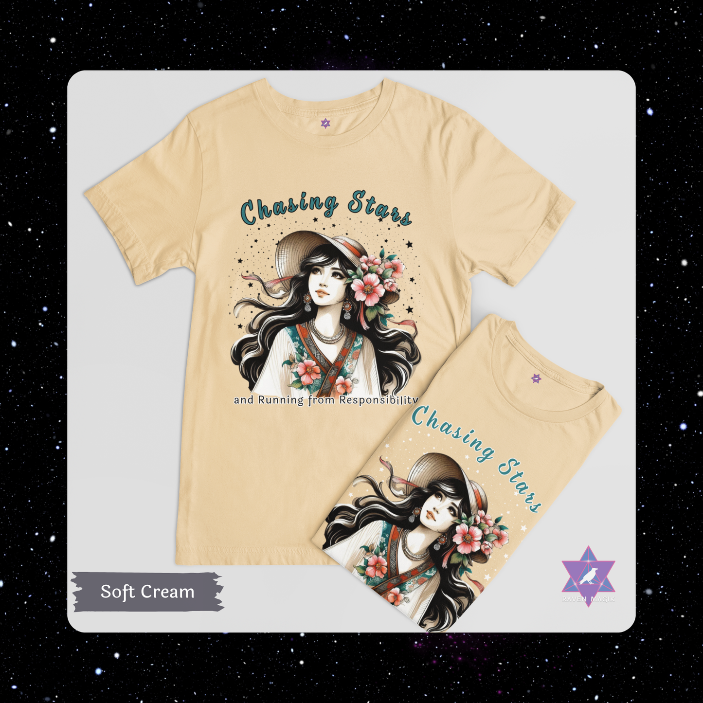 Soft Cream color t-shirt with graphic design of a woman with flowers and text 'Chasing Stars and Running from Responsibility' on a white background.