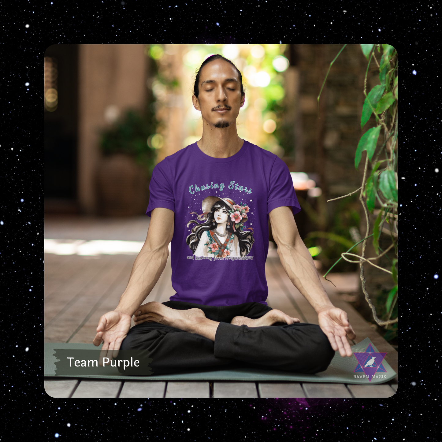 Person wearing a purple t-shirt with a graphic design, sitting on a mat outdoors. Sagittarius Archetype T-shirt with “Chasing Stars and Running from Responsibility” slogan, styled for adventurous, freedom-loving energy and cosmic wanderlust.