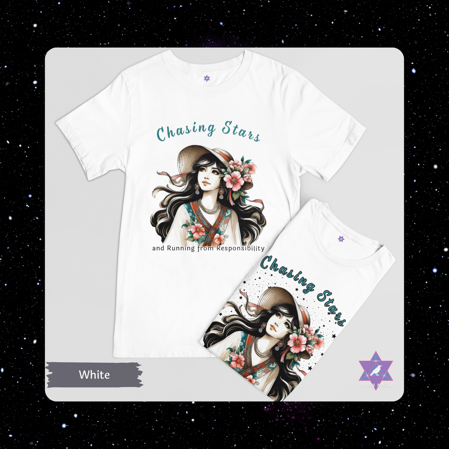 White t-shirt with artistic design and text 'Chasing Stars' on a gray background. Sagittarius Archetype T-shirt with “Chasing Stars and Running from Responsibility” slogan, styled for adventurous, freedom-loving energy and cosmic wanderlust.