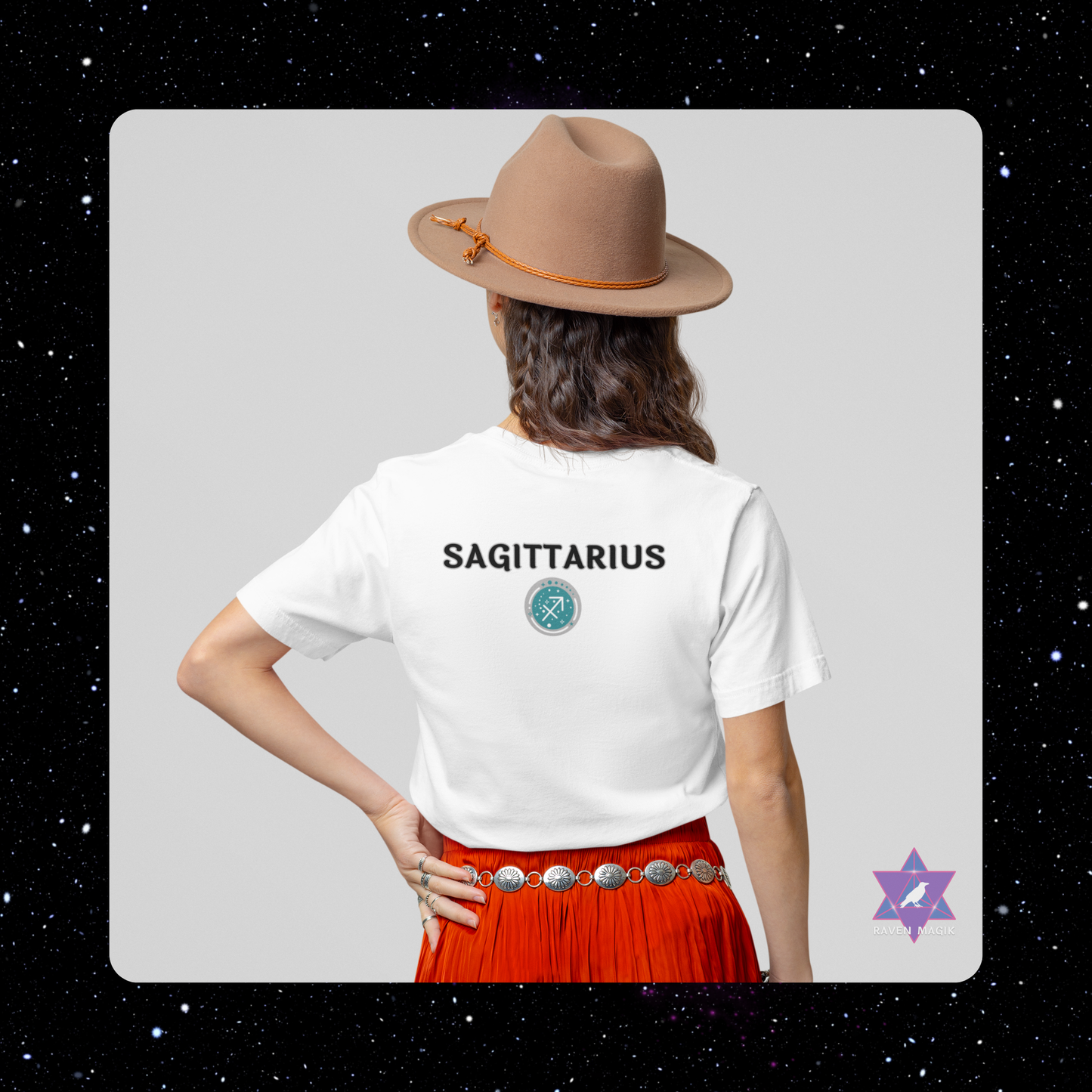 Person wearing a white t-shirt with 'SAGITTARIUS' printed on the back, standing against a gray background.