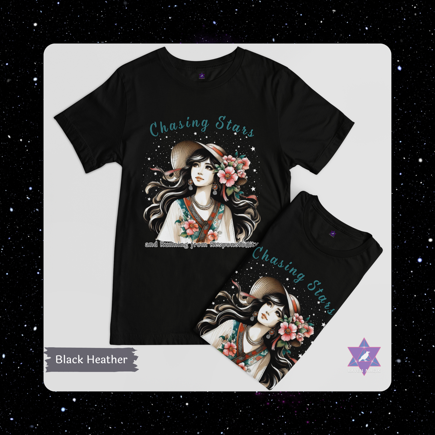 Black t-shirt with 'Chasing Stars' design on a white background. Sagittarius Zodiac T-shirt with “Chasing Stars and Running from Responsibility” slogan, styled for wild, free-spirited energy.