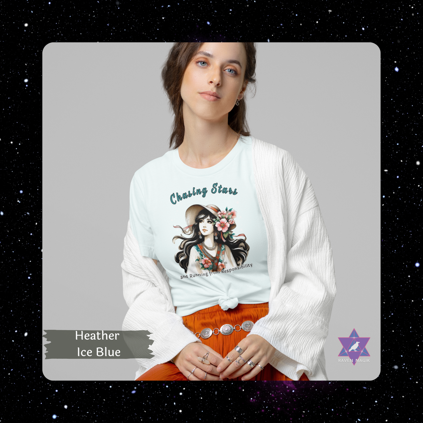 Person wearing a Heather Ice Blue t-shirt with a graphic design and text on a gray background. Sagittarius Zodiac T-shirt with “Chasing Stars and Running from Responsibility” slogan, styled for wild, free-spirited energy.