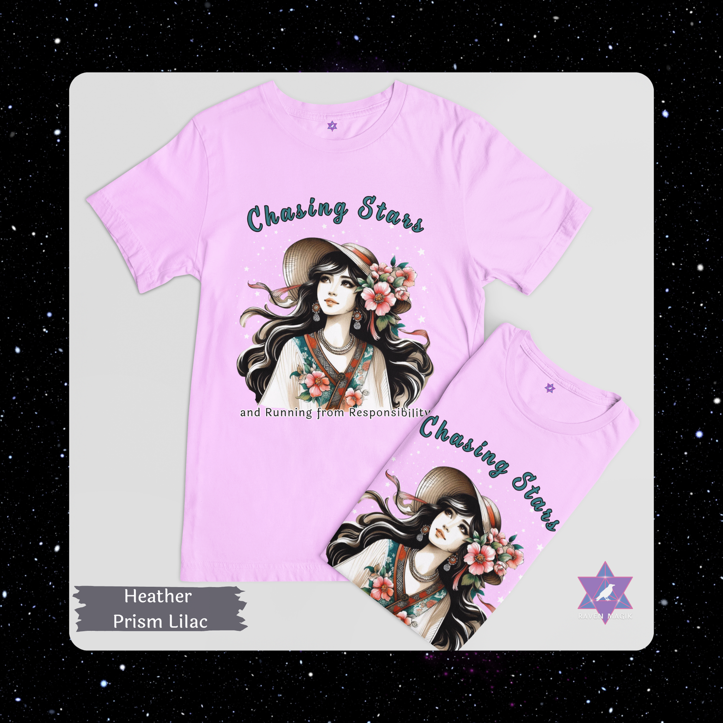 Heather Prism Lilac t-shirt and shorts set with a graphic design and text on a starry background. Sagittarius Zodiac T-shirt with “Chasing Stars and Running from Responsibility” slogan, styled for wild, free-spirited energy.