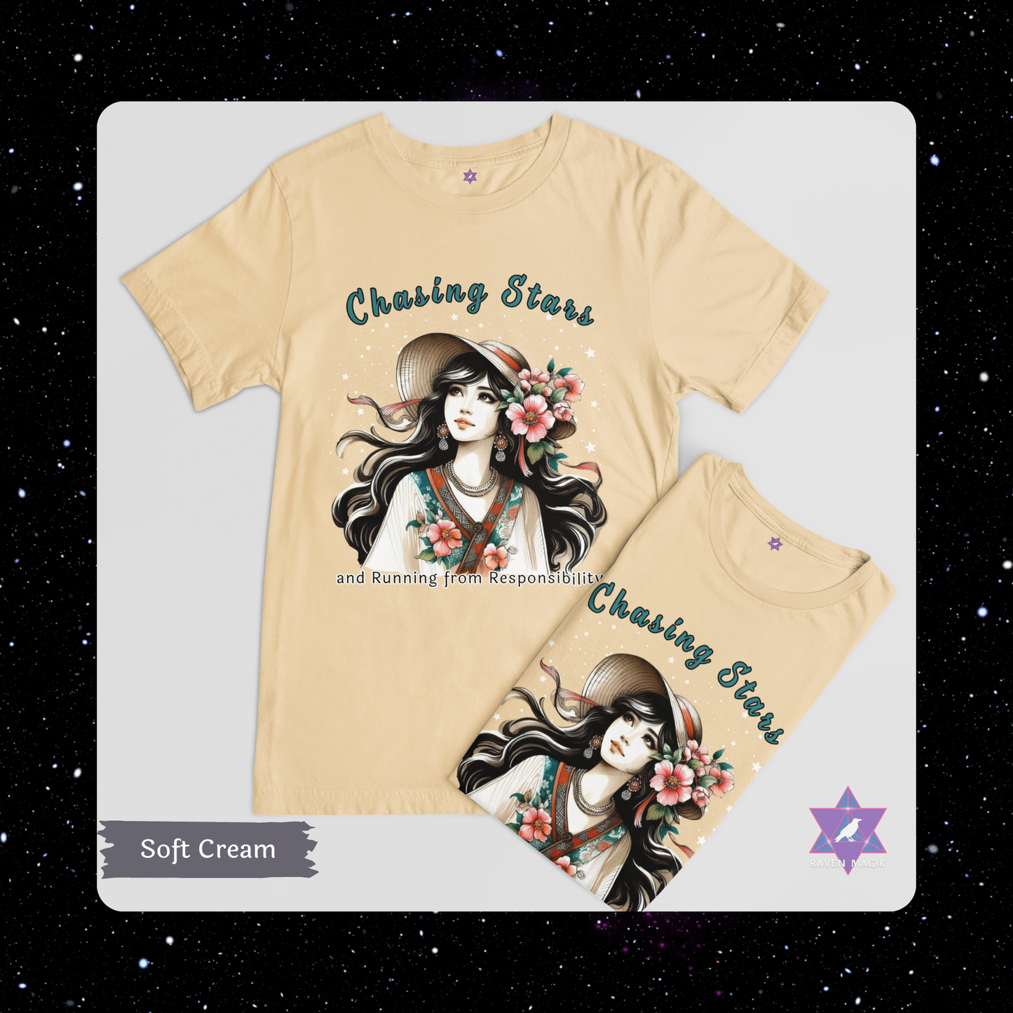 Soft Cream t-shirt with graphic design of a woman with flowers and text 'Chasing Stars and Running from Responsibility' on a white background.