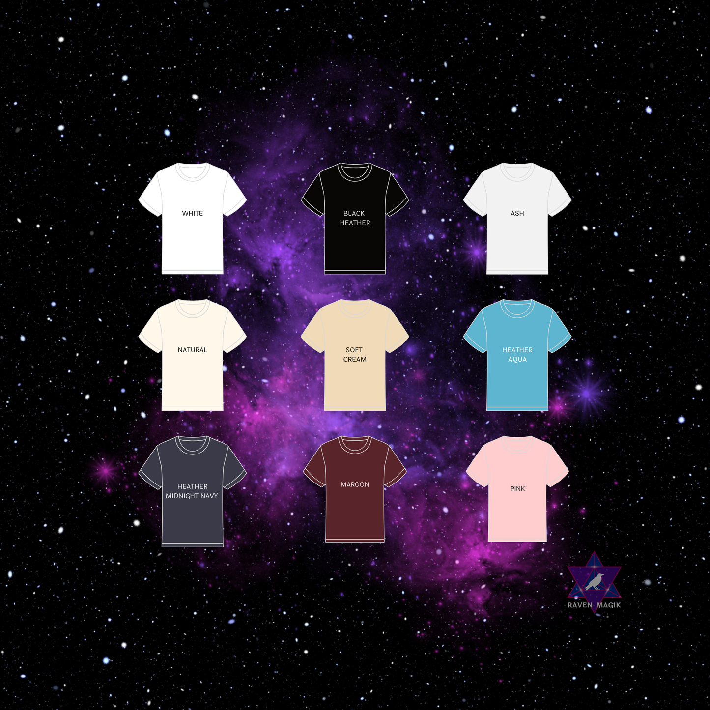 Collection of t-shirts in various colors with text labels on a starry space background