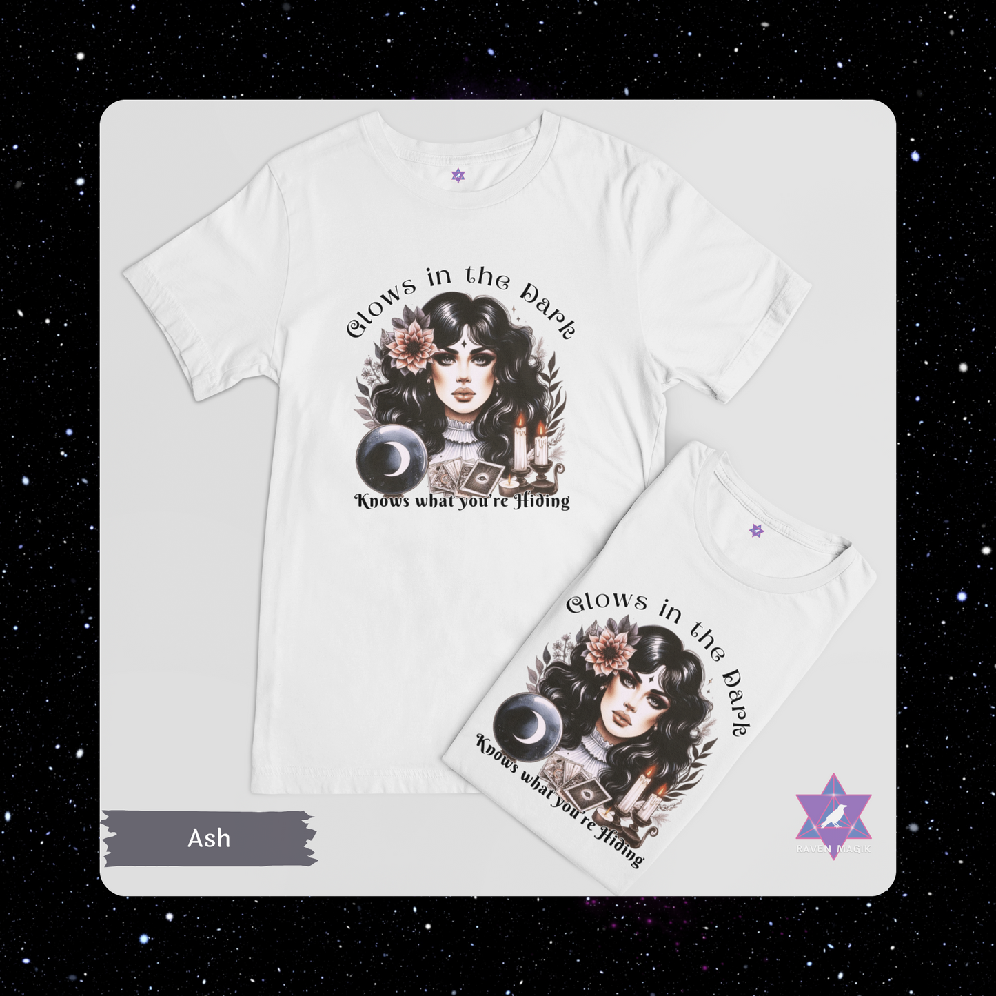Ash color t-shirt with graphic design and text 'Glow in the dark Knows what you're hiding' on a white background. Scorpio Archetype T-shirt with “Glows in the Dark and Knows What You’re Hiding” slogan, styled for mysterious, magnetic energy and shadowy charm.