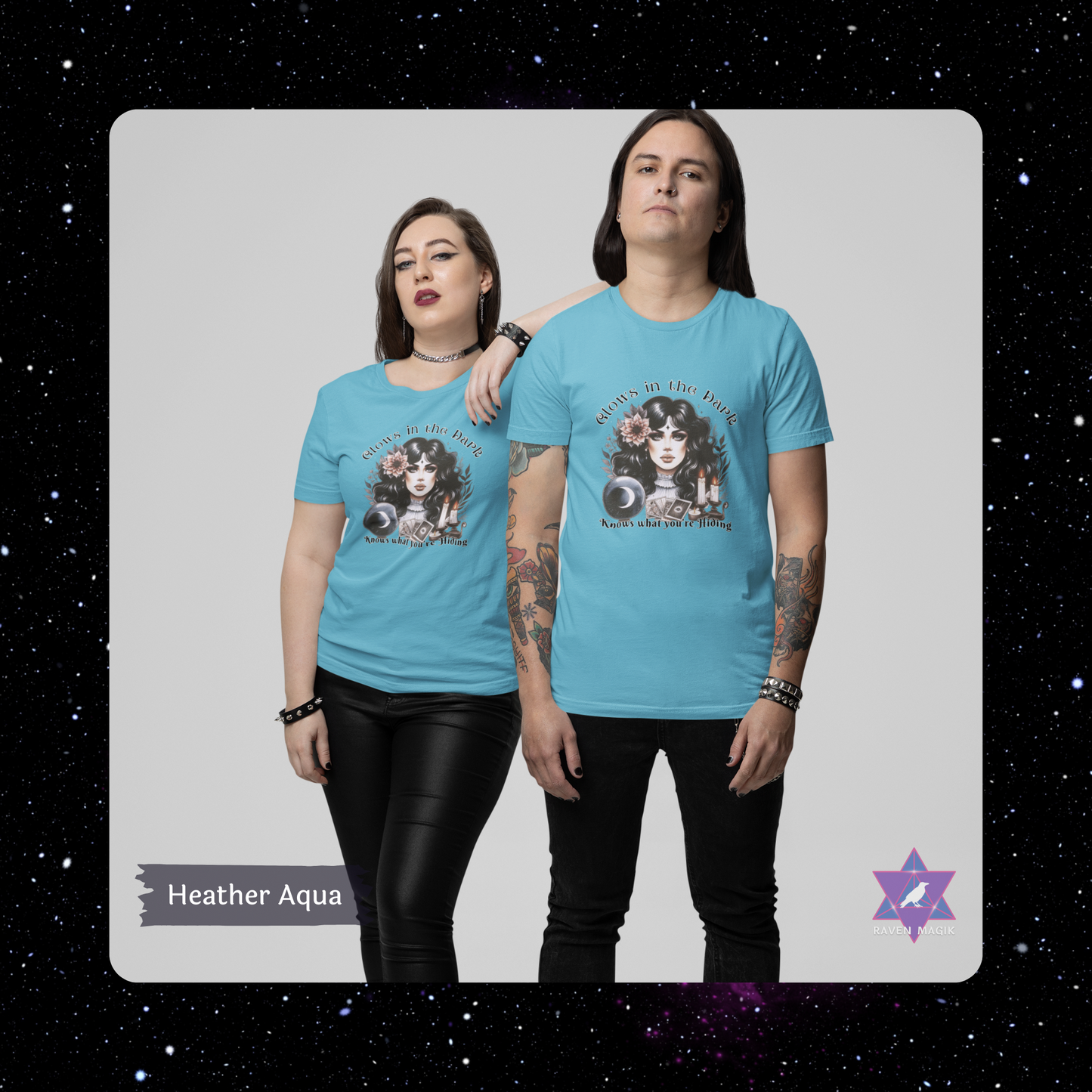 Two people wearing blue t-shirts with a graphic design on a gray background. Scorpio Archetype T-shirt with “Glows in the Dark and Knows What You’re Hiding” slogan, styled for mysterious, magnetic energy and shadowy charm.