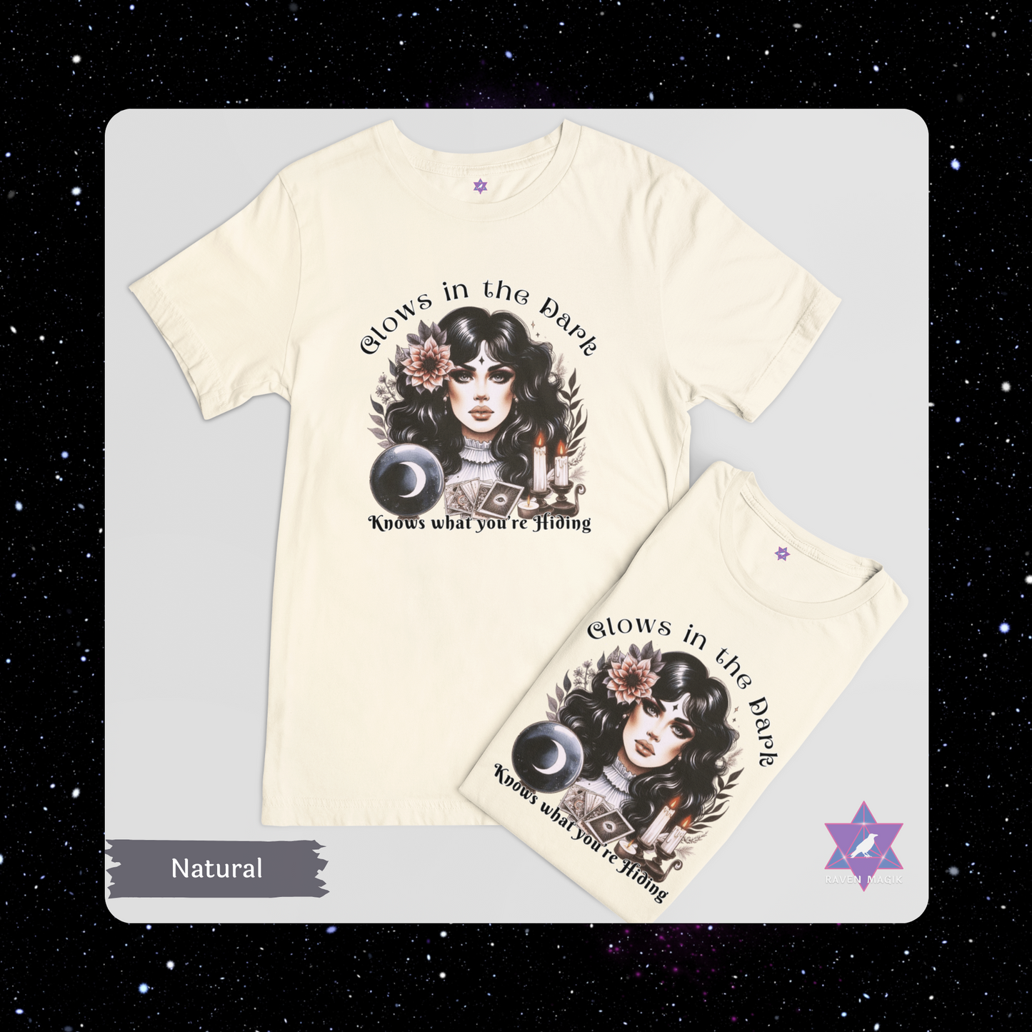 T-shirt with graphic design and pouch on a starry background. Scorpio Archetype T-shirt with “Glows in the Dark and Knows What You’re Hiding” slogan, styled for mysterious, magnetic energy and shadowy charm.