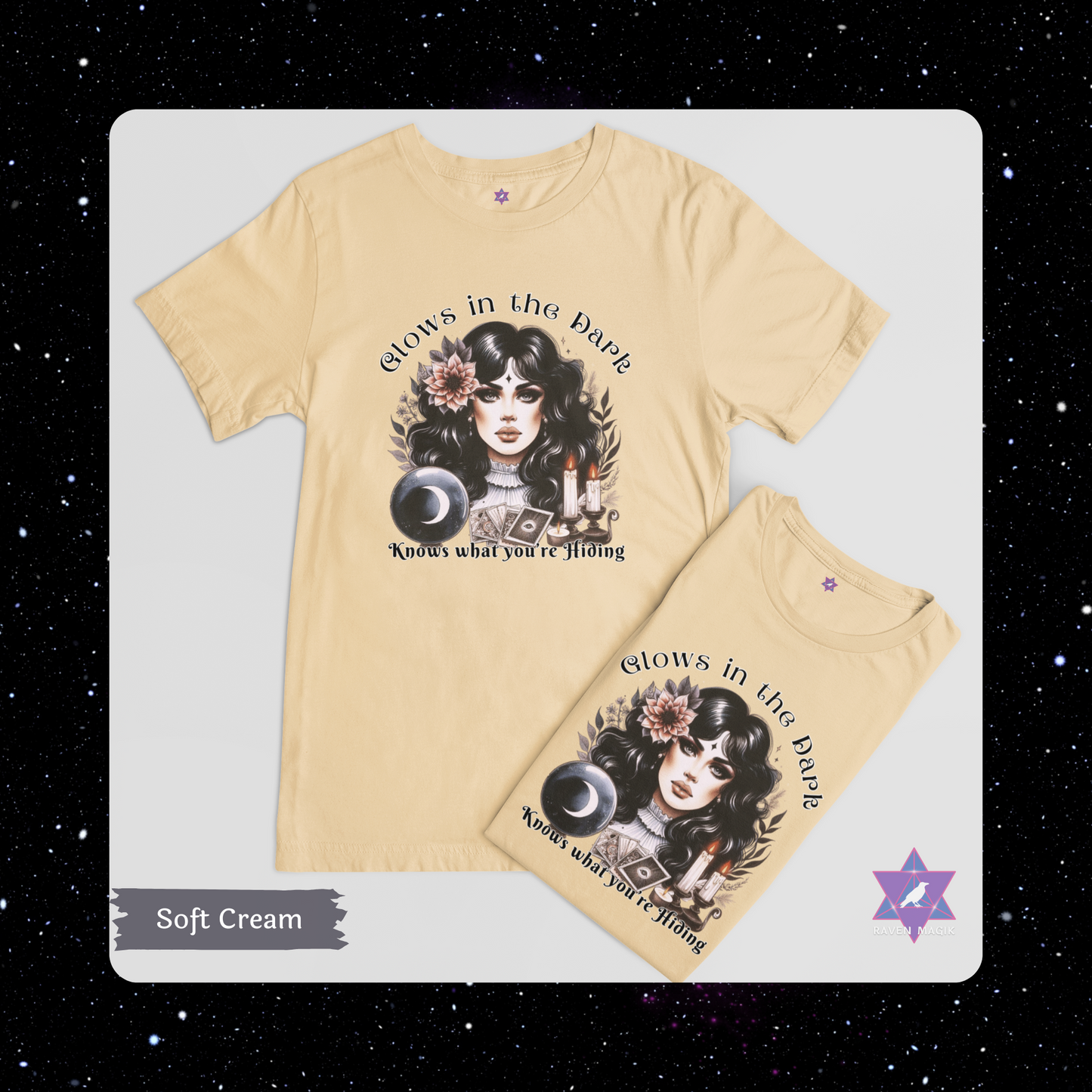 Soft Cream Color t-shirt with graphic design and text 'Glow in the Dark Knows What You're Hiding' on a starry background. Scorpio Archetype T-shirt with “Glows in the Dark and Knows What You’re Hiding” slogan, styled for mysterious, magnetic energy and shadowy charm.