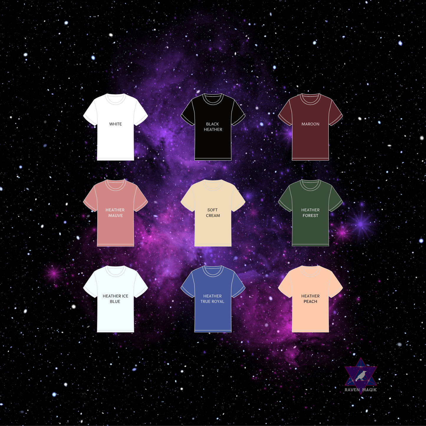 Collection of t-shirts in various colors with names on a starry space background.