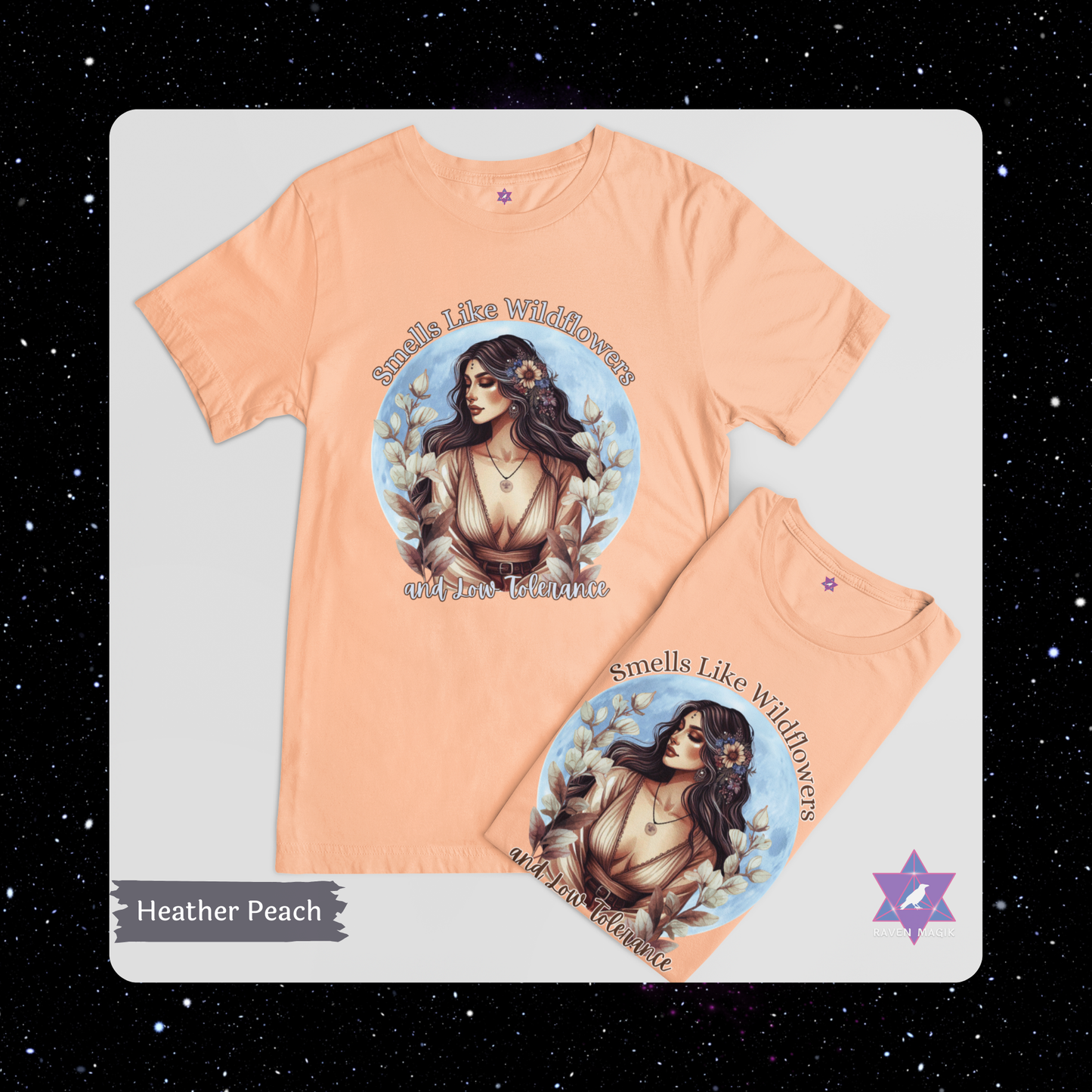 Peach t-shirt with a graphic design of a woman and text on a white background. Taurus Archetype T-shirt with “Smells Like Wildflowers and Low Tolerance” slogan, styled for grounded, sensual energy and earthy elegance.
