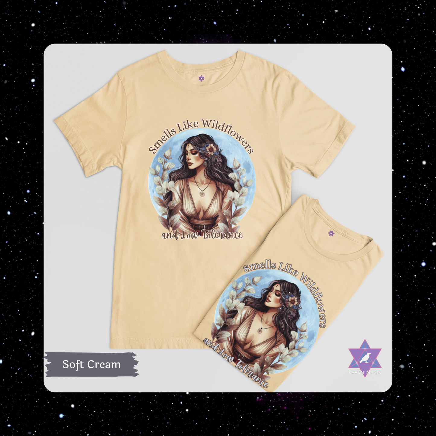 Soft Cream color t-shirt with a graphic design of a woman. Taurus Archetype T-shirt with “Smells Like Wildflowers and Low Tolerance” slogan, styled for grounded, sensual energy and earthy elegance.