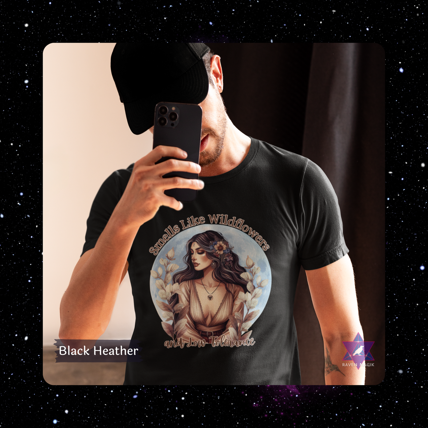 Person wearing a black t-shirt with a graphic design and text, holding a phone. Taurus Zodiac T-shirt with “Smells Like Wildflowers and Low Tolerance” slogan, styled for grounded, sensual energy.
