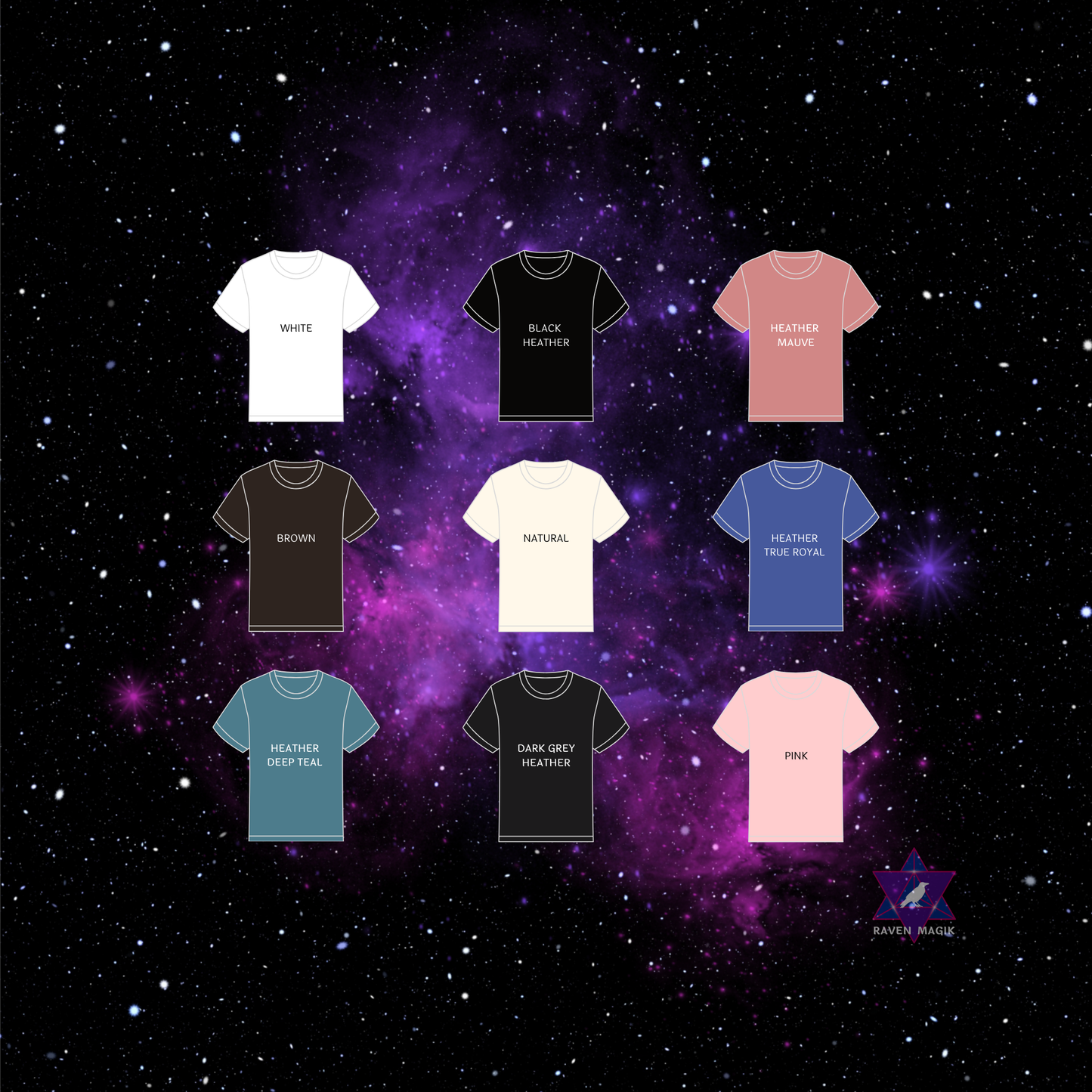Collection of t-shirts in various colors on a starry space background
