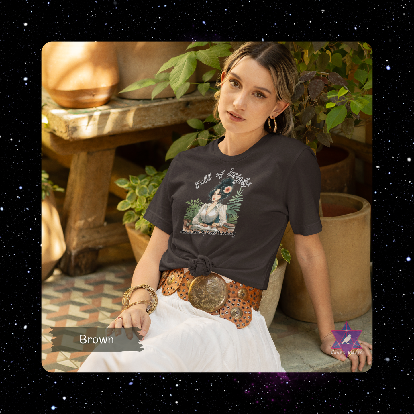 Woman wearing a black t-shirt with a graphic design, sitting among potted plants. Virgo Archetype T-shirt with “Full of Insight and a Side of Overthinking” slogan, styled for analytical, introspective energy and meticulous charm.