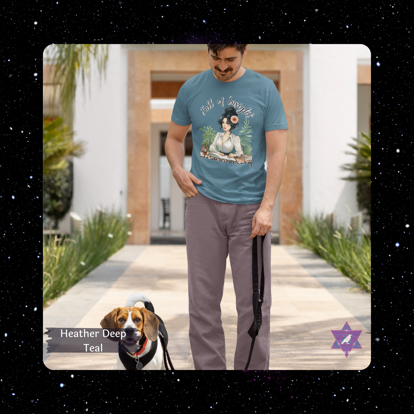 Man wearing a blue t-shirt with a graphic design, standing outdoors with a dog on a leash. Virgo Archetype T-shirt with “Full of Insight and a Side of Overthinking” slogan, styled for analytical, introspective energy and meticulous charm.