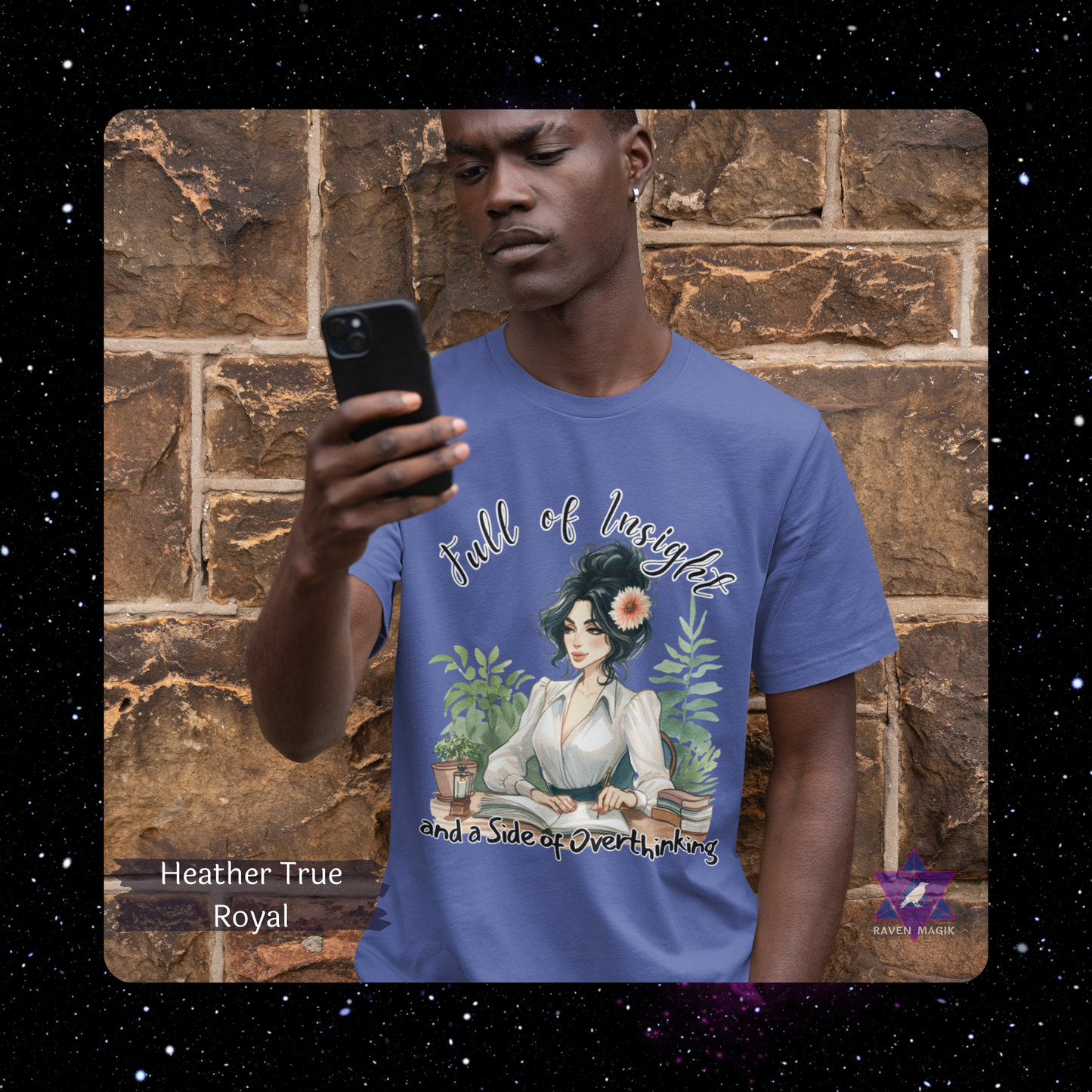 Person wearing a blue t-shirt with a graphic design and text, standing against a brick wall. Virgo Archetype T-shirt with “Full of Insight and a Side of Overthinking” slogan, styled for analytical, introspective energy and meticulous charm.
