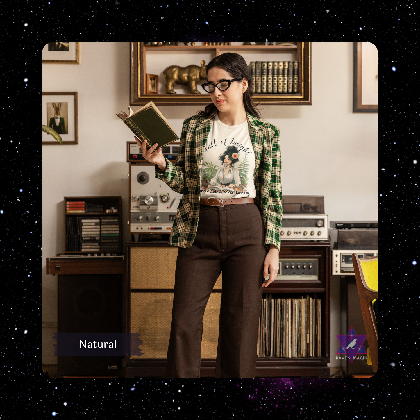 Person in a vintage-style room with books and record players, wearing a plaid jacket and glasses. Virgo Archetype T-shirt with “Full of Insight and a Side of Overthinking” slogan, styled for analytical, introspective energy and meticulous charm.