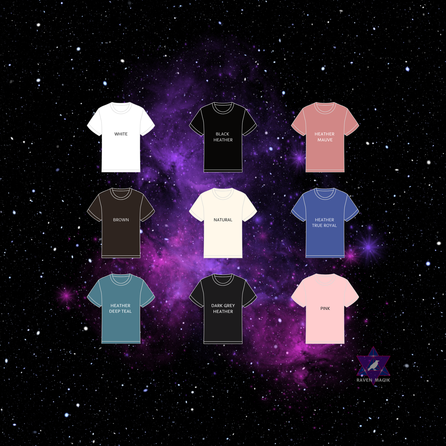 Collection of t-shirts in various colors on a starry space background