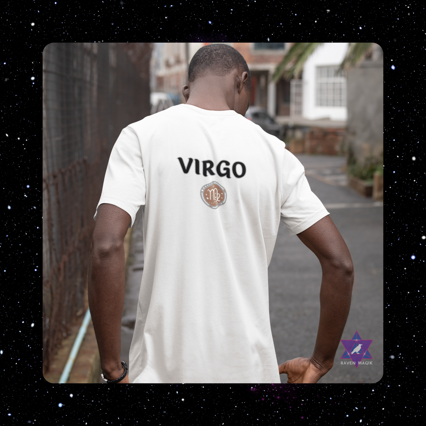 Person wearing a white t-shirt with 'Virgo' printed on the back, standing on a street.