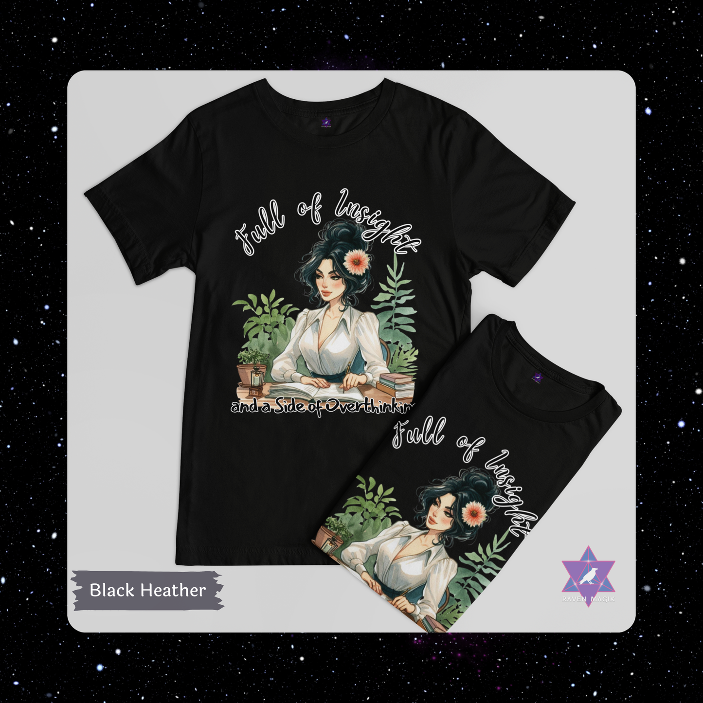Black Heather t-shirt with an illustrated design of a woman with flowers in her hair and text on a gray background. Virgo Zodiac T-shirt with “Full of Insight and a Side of Overthinking” slogan, styled for precise, introspective energy.
