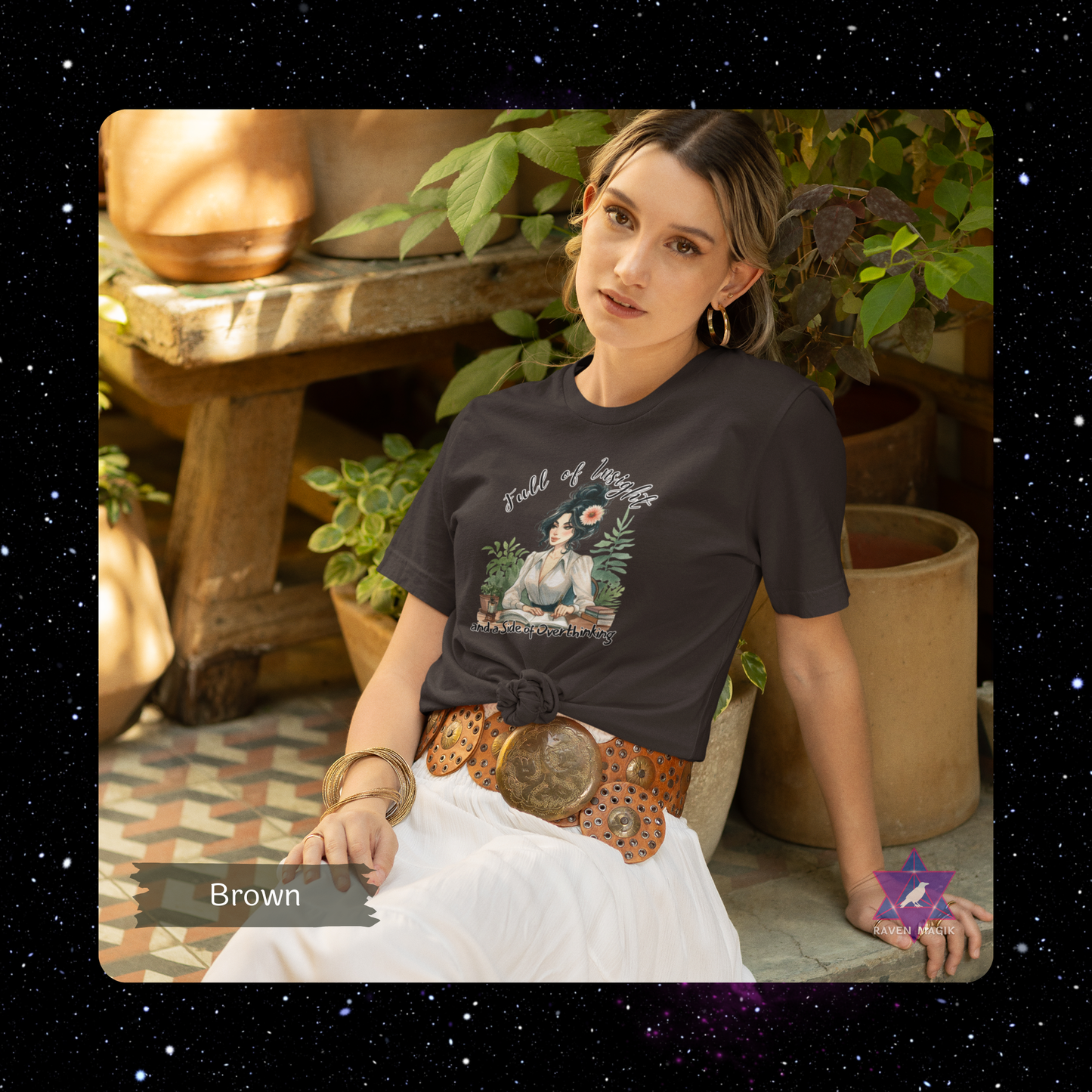 Woman wearing a black t-shirt with a graphic design, sitting outdoors with plants and wooden furniture. Virgo Zodiac T-shirt with “Full of Insight and a Side of Overthinking” slogan, styled for precise, introspective energy.
