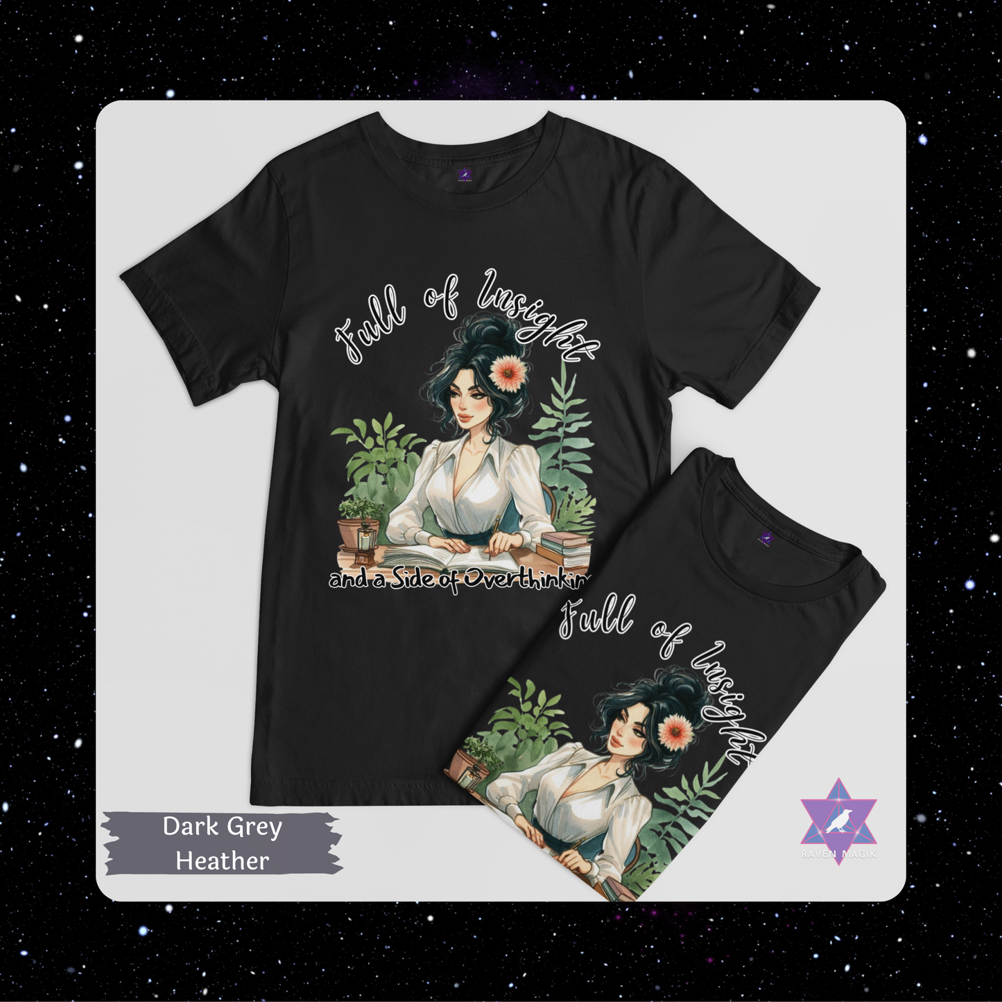Dark Grey Heather t-shirt with graphic design and text on a white background. Virgo Zodiac T-shirt with “Full of Insight and a Side of Overthinking” slogan, styled for precise, introspective energy.
