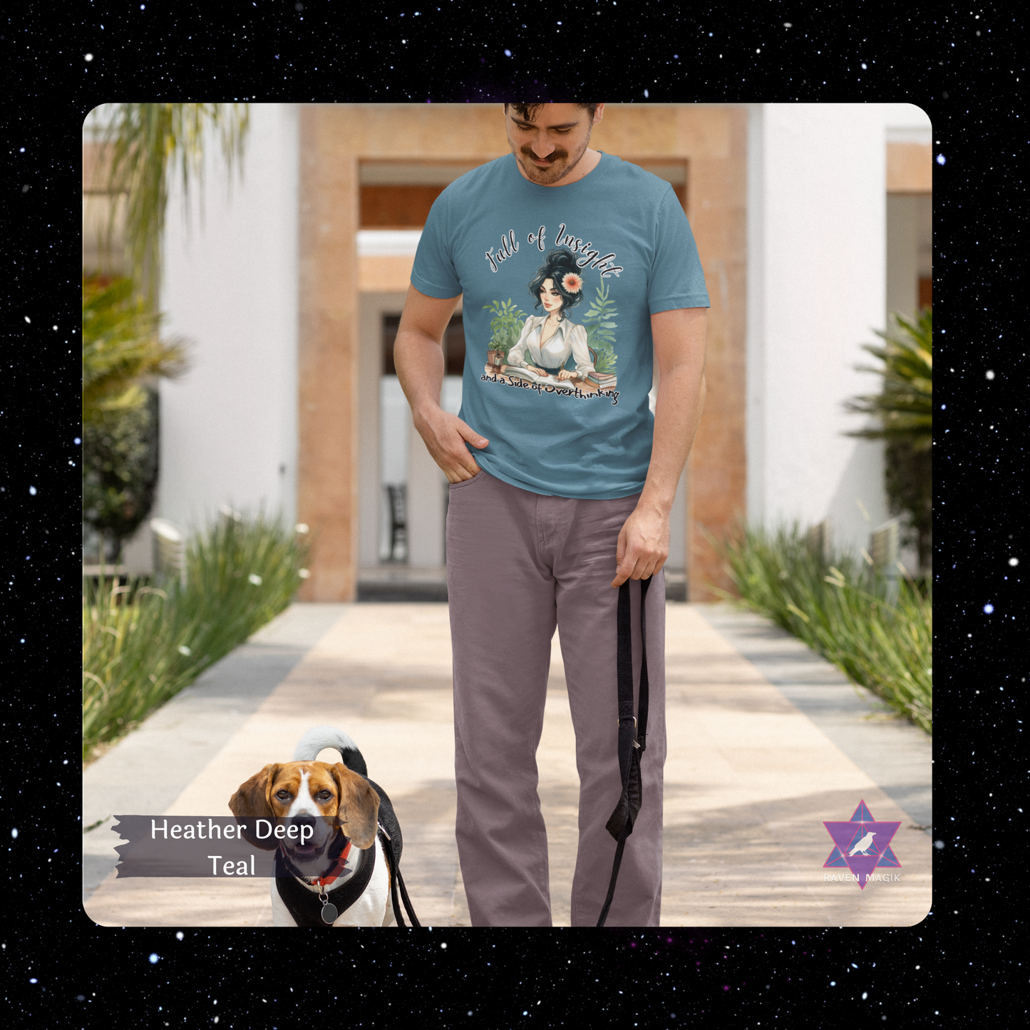 Man wearing a Heather Deep Teal t-shirt with a graphic design, standing outdoors with a dog. Virgo Zodiac T-shirt with “Full of Insight and a Side of Overthinking” slogan, styled for precise, introspective energy.