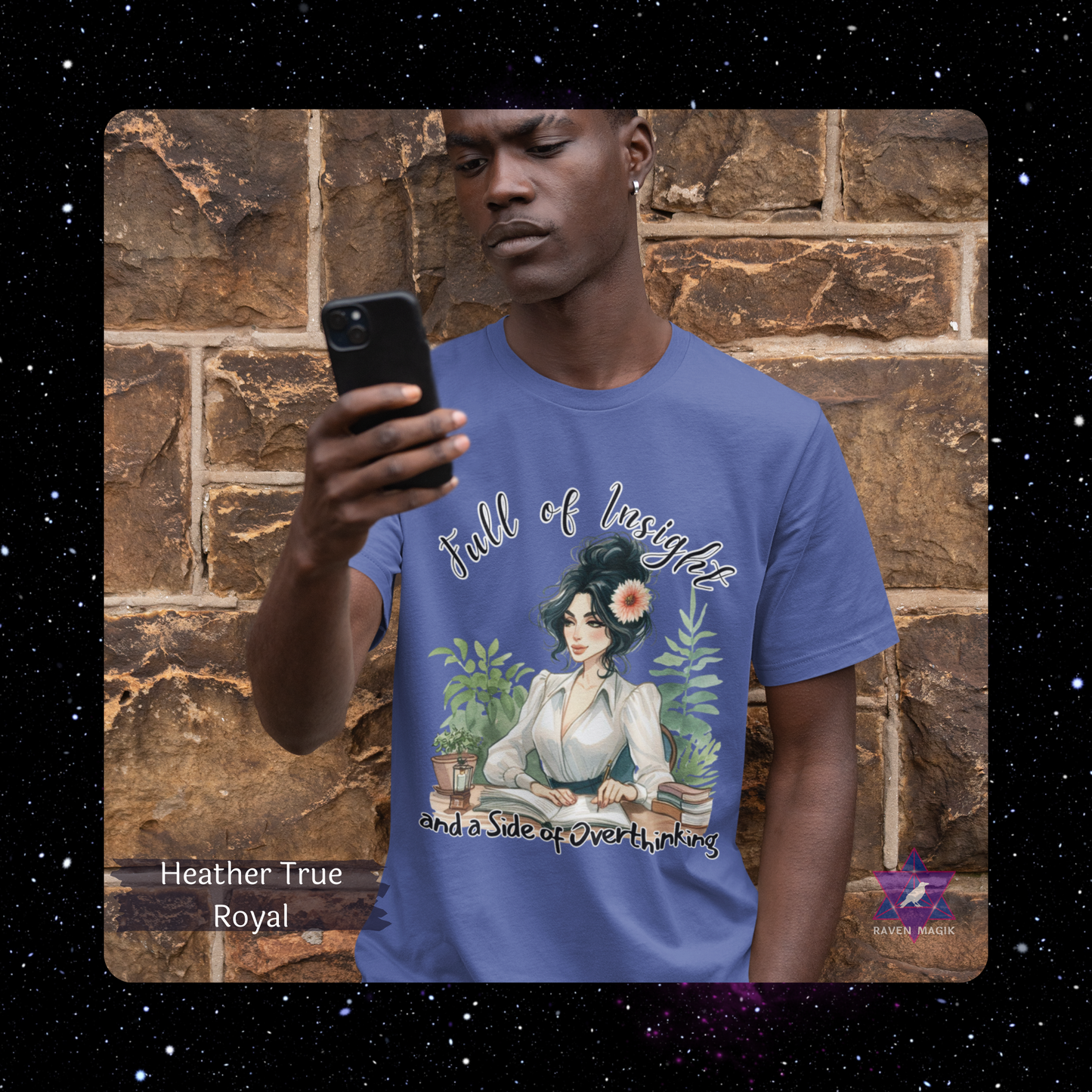 Person wearing a blue t-shirt with a graphic design and text, standing against a brick wall. Virgo Zodiac T-shirt with “Full of Insight and a Side of Overthinking” slogan, styled for precise, introspective energy.