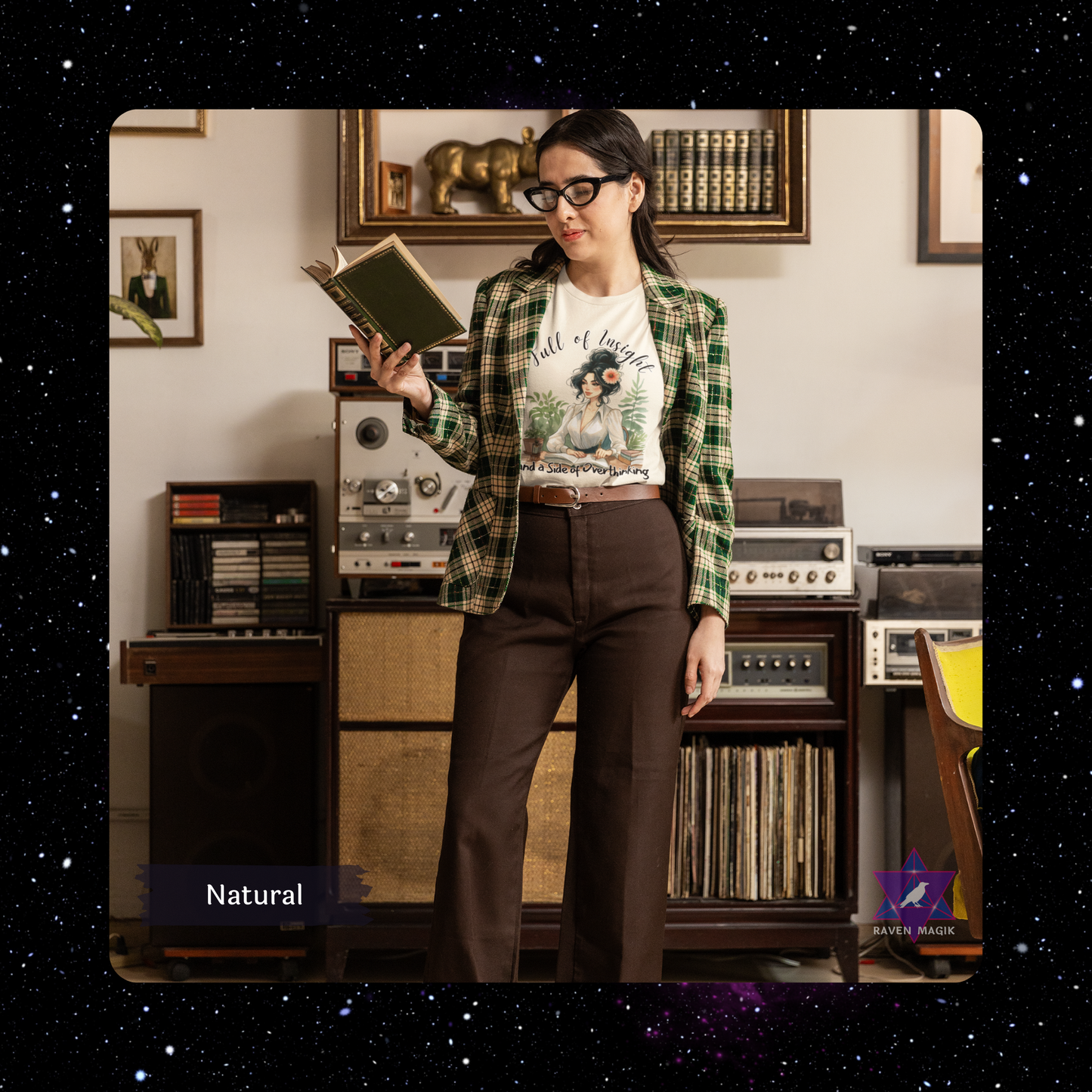 Person holding a book in a room with vintage stereo equipment. Virgo Zodiac T-shirt with “Full of Insight and a Side of Overthinking” slogan, styled for precise, introspective energy.