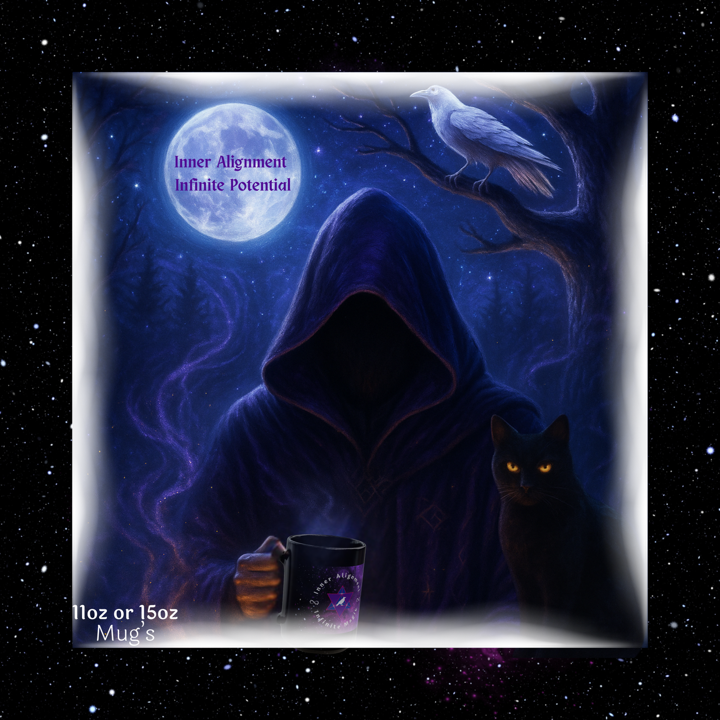 Hooded figure with a black cat and mug under a moonlit sky with text 'Inner Alignment Infinite Potential'.